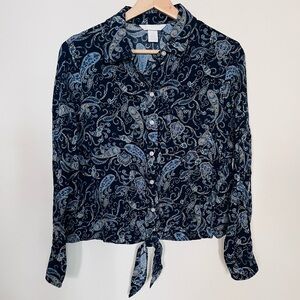 H&M • 10 • Navy Paisley Print Tie-Front Button Up Blouse Viscose